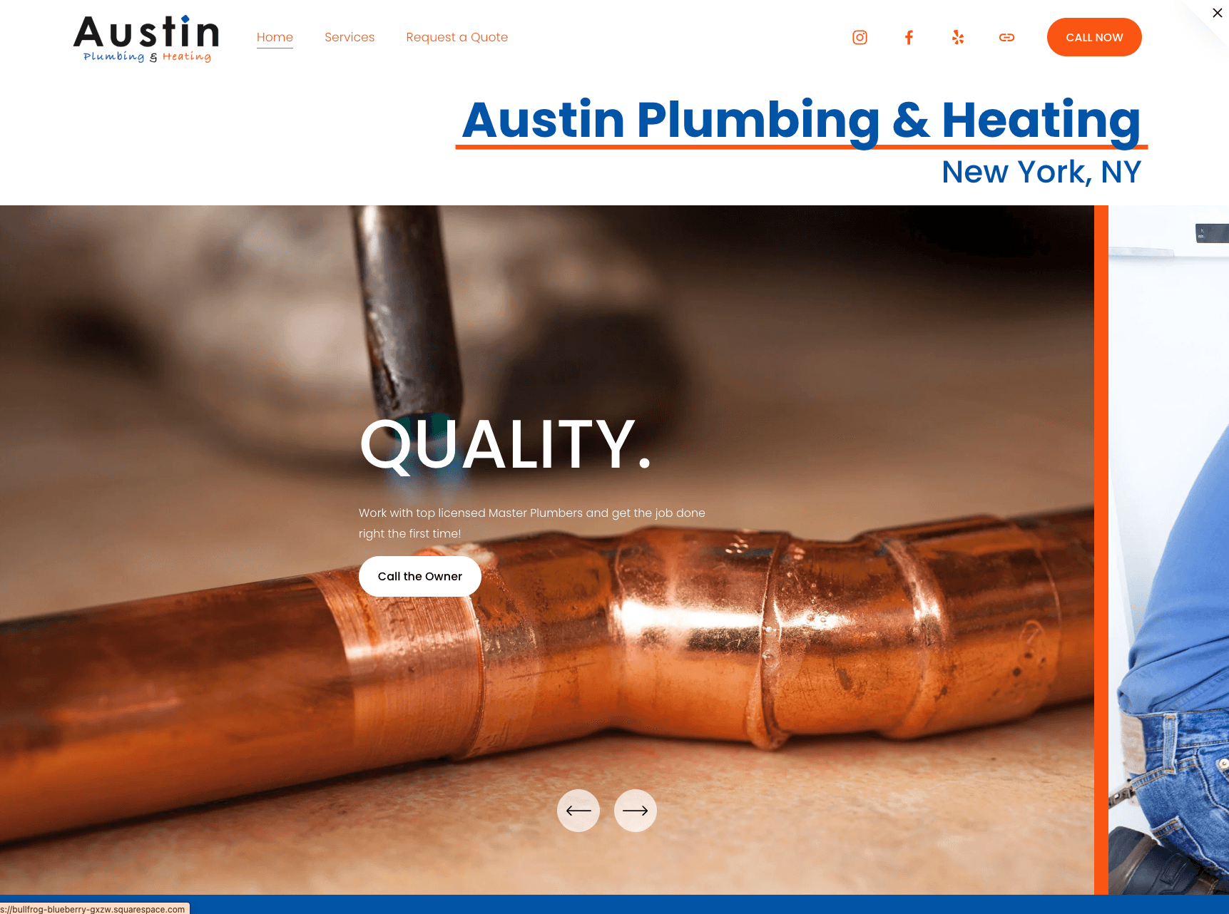 Austin Plumbing & Heating's old Squarespace homepage — rotating QUALITY. hero, no conversion path