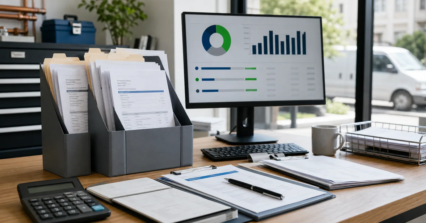 Invoice files, calculator, and payment-status dashboard in an organized contractor back office