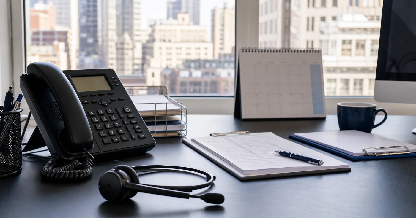 Business phone, headset, intake sheet, and calendar arranged for reliable contractor call coverage
